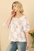 Puff Sleeve Boat Neck Pleated Detail Floral Top