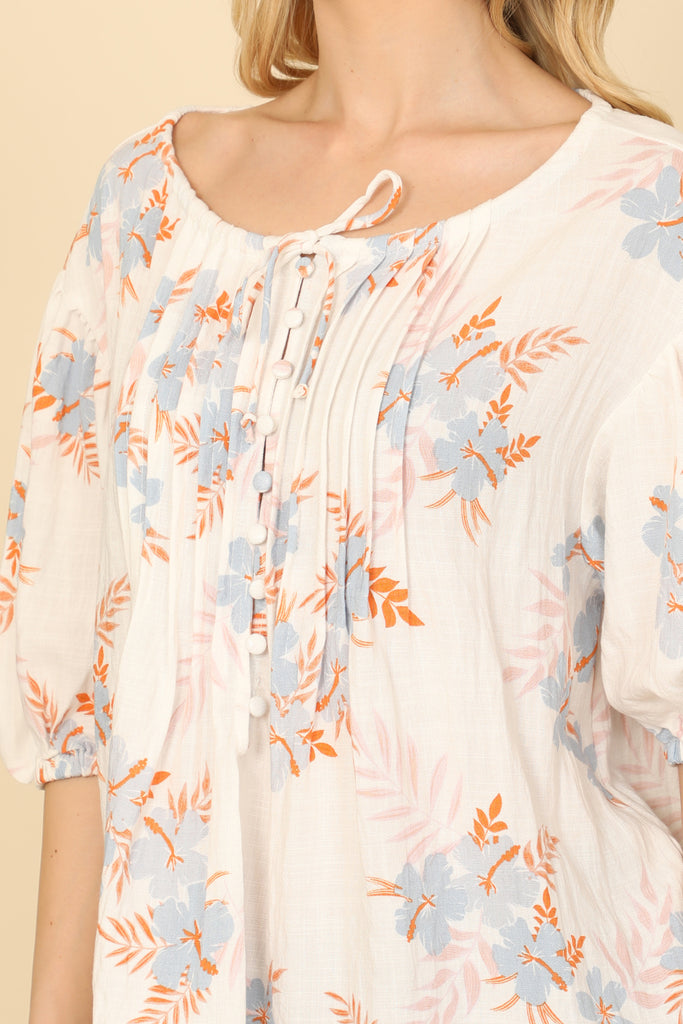 Puff Sleeve Boat Neck Pleated Detail Floral Top