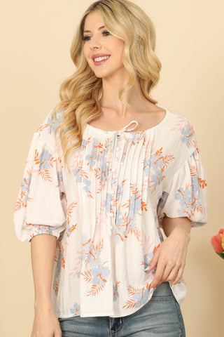 Ruffle V-Neck Tie Detail Puff Sleeve Floral Top
