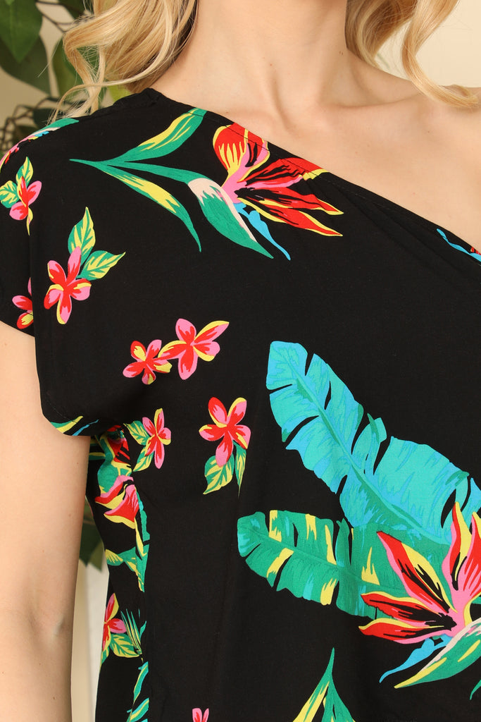 Tropical One Shoulder Short Sleeve Crop Top