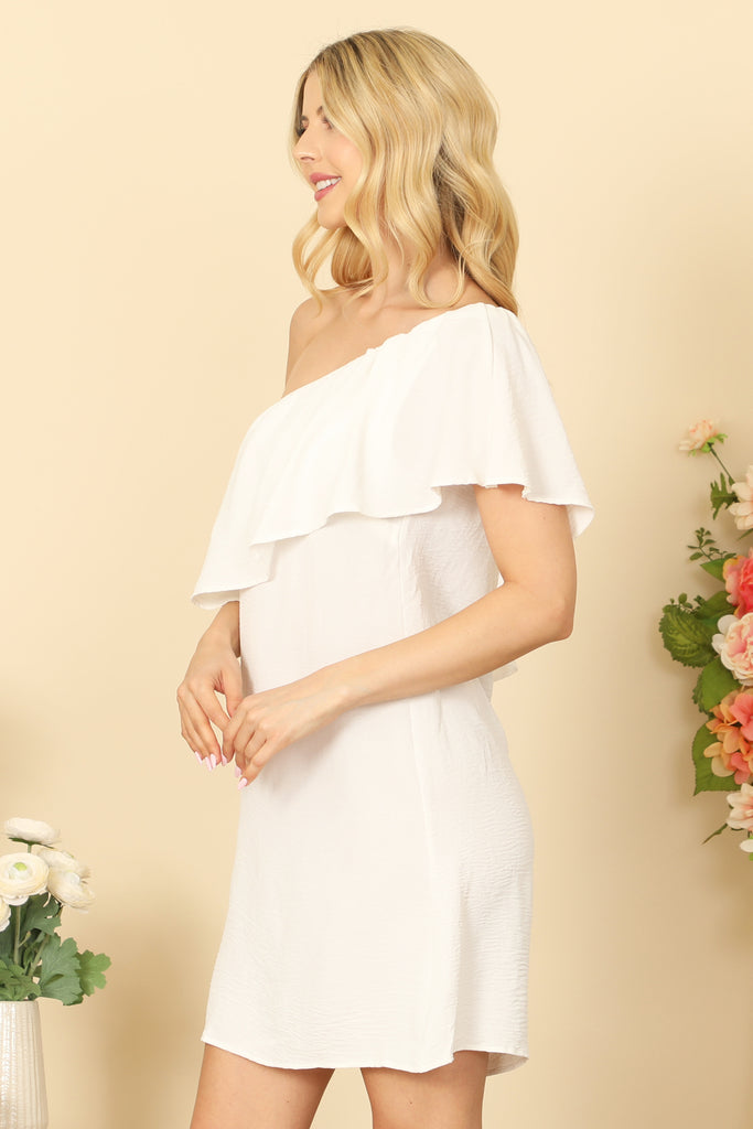 ONE SHOULDER RUFFLE DETAIL SOLID DRESS