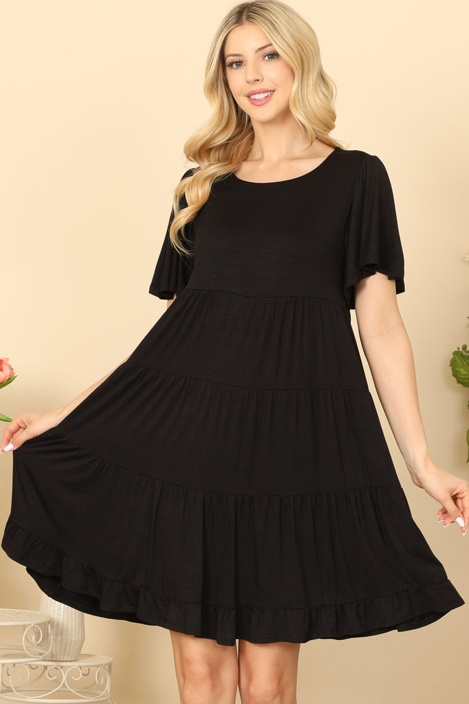 RUFFLE SHORT SLEEVE TIERED SOLID DRESS