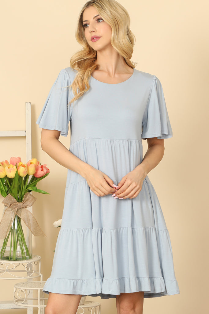 RUFFLE SHORT SLEEVE TIERED SOLID DRESS