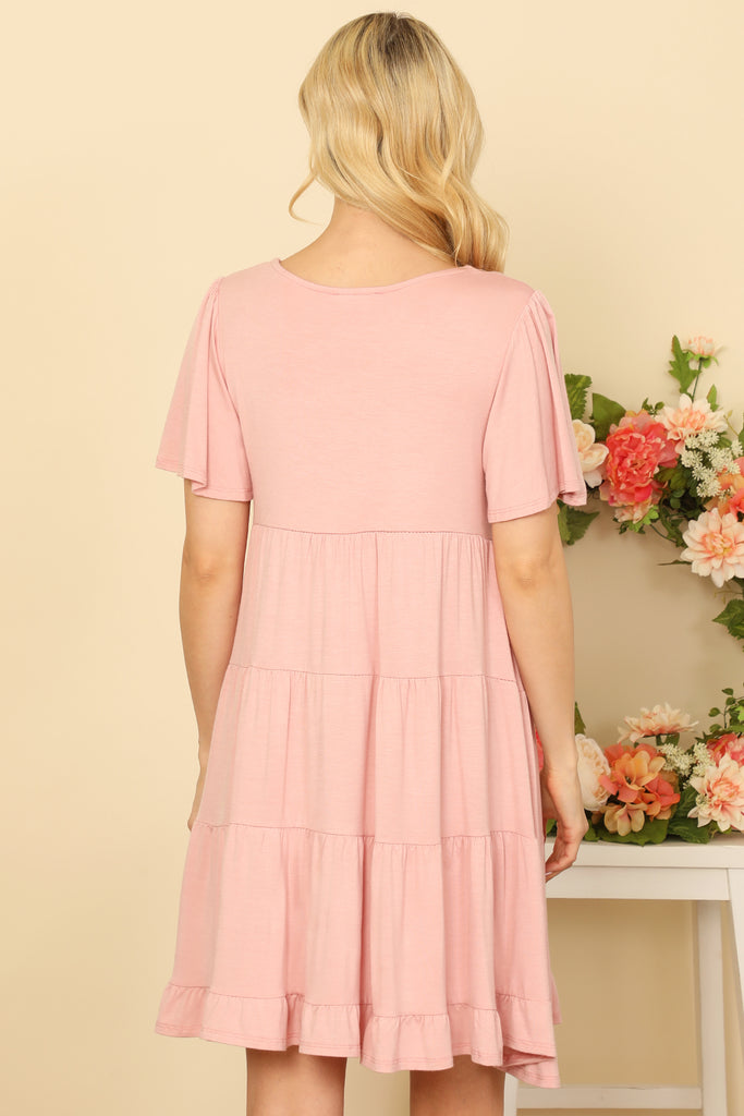 RUFFLE SHORT SLEEVE TIERED SOLID DRESS