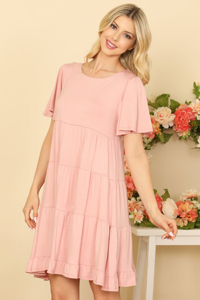 RUFFLE SHORT SLEEVE TIERED SOLID DRESS