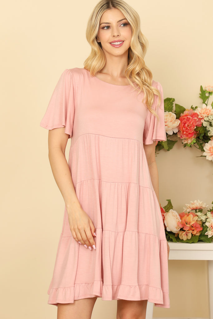 RUFFLE SHORT SLEEVE TIERED SOLID DRESS