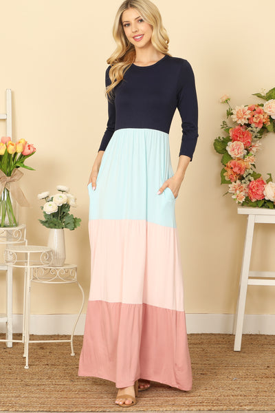 long sleeve color block dress Quarter Maxi while the color blocking Emerald Multi Color:Natural Palm Floor Length Chiffon Baby