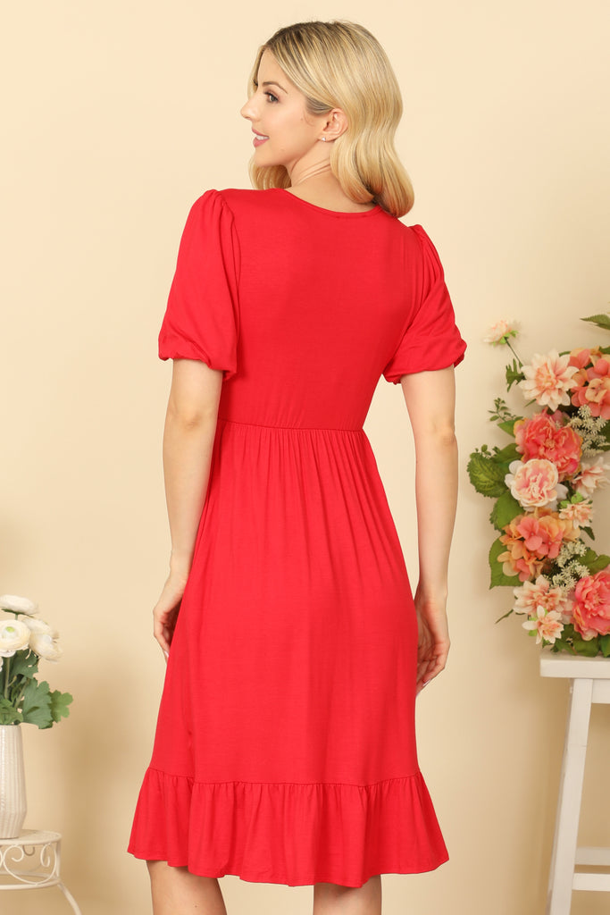 PUFF SLEEVE SIDE POCKET CINCH WAIST SOLID DRESS