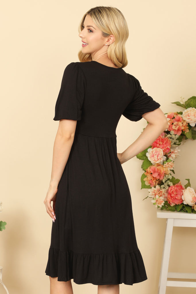 PUFF SLEEVE SIDE POCKET CINCH WAIST SOLID DRESS