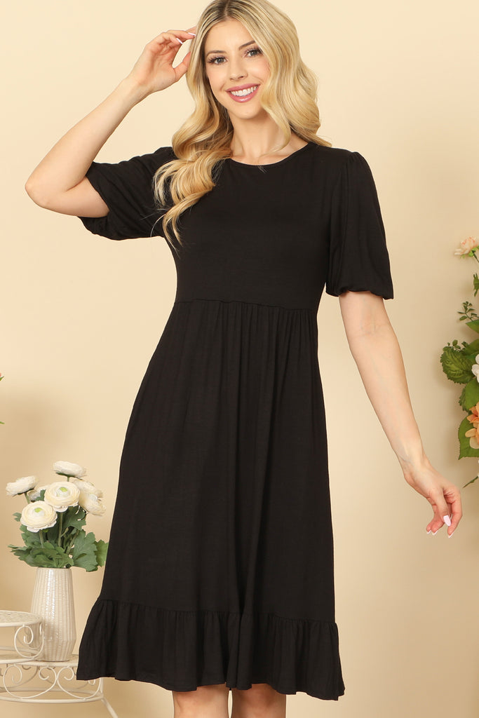 PUFF SLEEVE SIDE POCKET CINCH WAIST SOLID DRESS