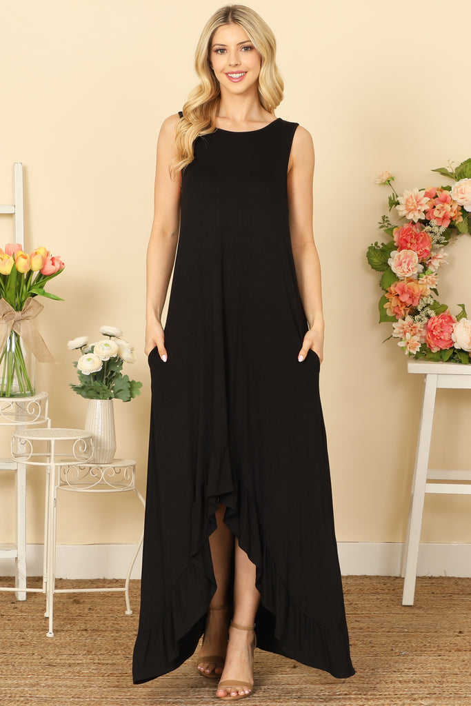 SLEEVELESS ASSYMETRICAL RUFFLE HEM MAXI DRESS