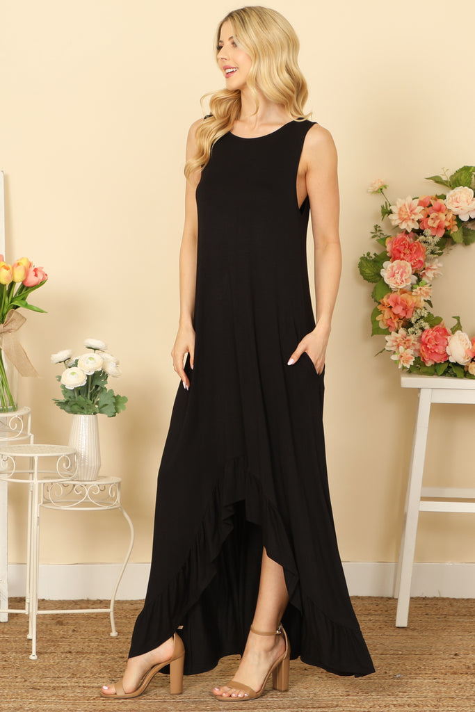 SLEEVELESS ASSYMETRICAL RUFFLE HEM MAXI DRESS