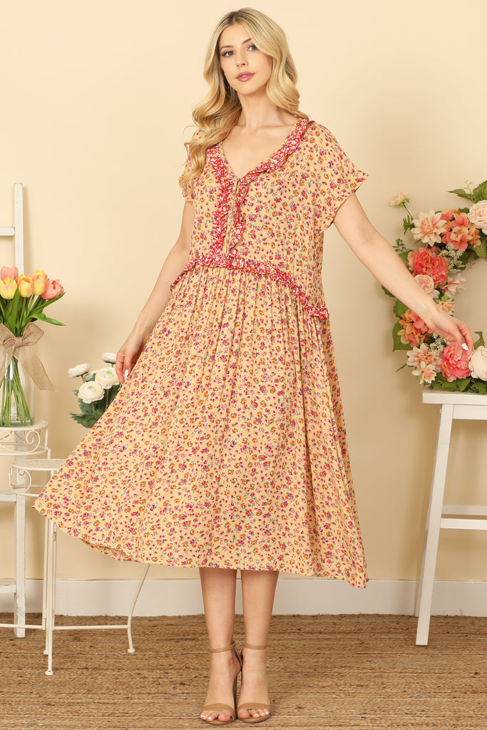 SURPLICE SPAGHETTI STRAP SMOCKED WAIST FLORAL DRESS