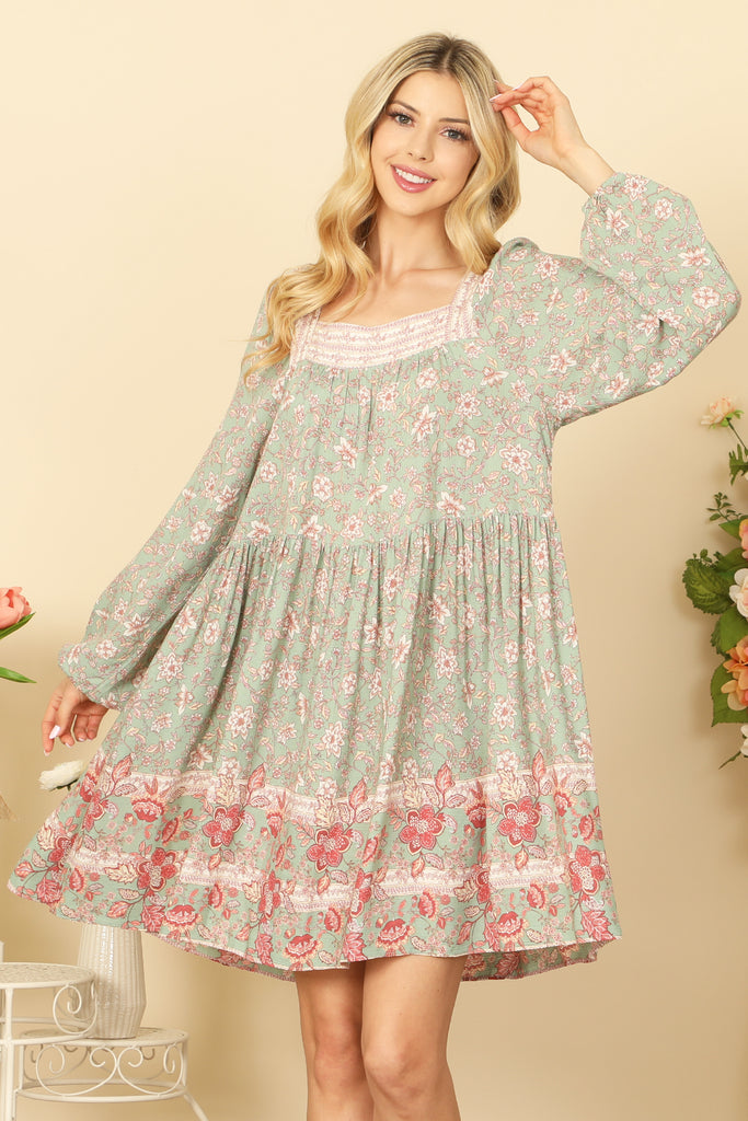 SQUARE NECK LONG PUFF SLEEVE PLEATED BABY DOLL PRINTED DRESS