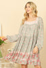 SQUARE NECK LONG PUFF SLEEVE PLEATED BABY DOLL PRINTED DRESS