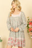 SQUARE NECK LONG PUFF SLEEVE PLEATED BABY DOLL PRINTED DRESS