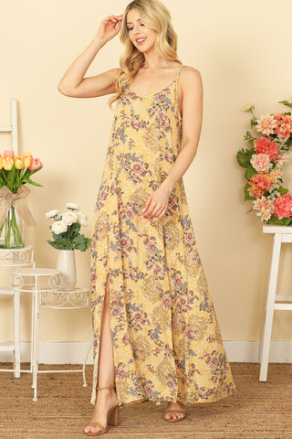 Spaghetti Strap Button-Down Criss Cross Back Floral Maxi Dress