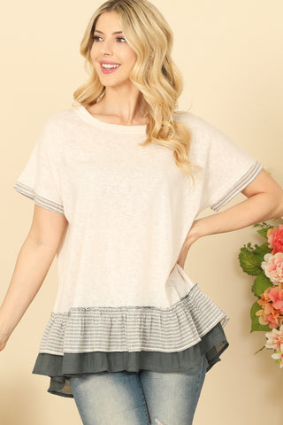 SHORT RUFFLE SLEEVE EYELET DETAIL CROP TOP