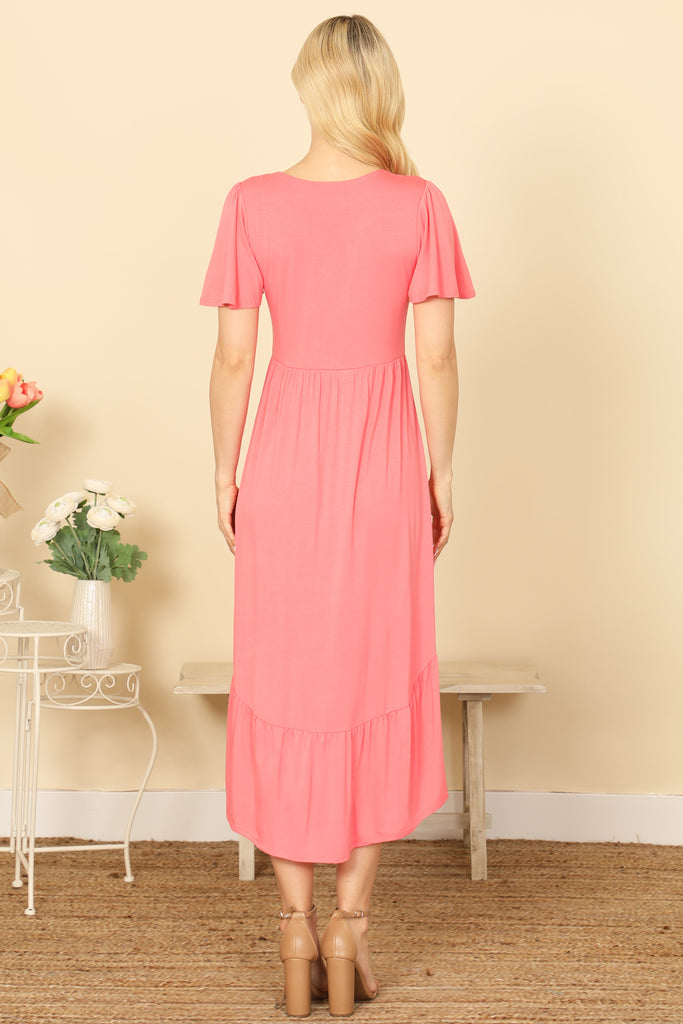 BUTTERFLY SLEEVE ASSYMETRICAL PLEATED HEM SOLID DRESS