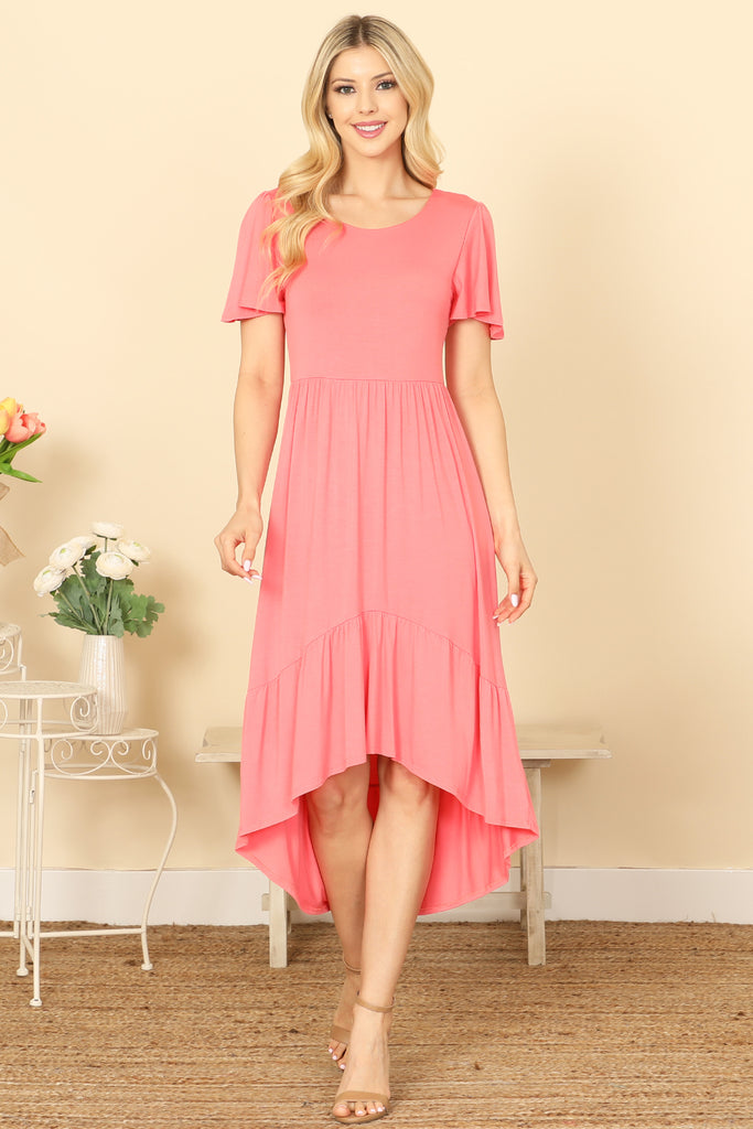 BUTTERFLY SLEEVE ASSYMETRICAL PLEATED HEM SOLID DRESS