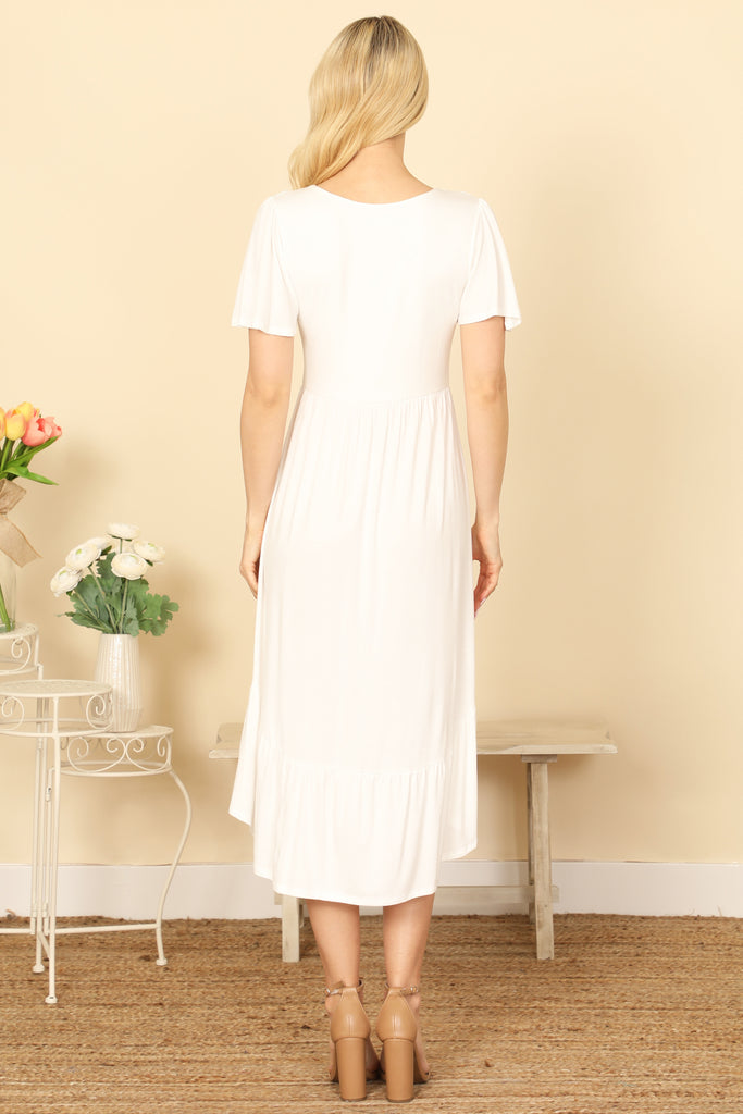 BUTTERFLY SLEEVE ASSYMETRICAL PLEATED HEM SOLID DRESS