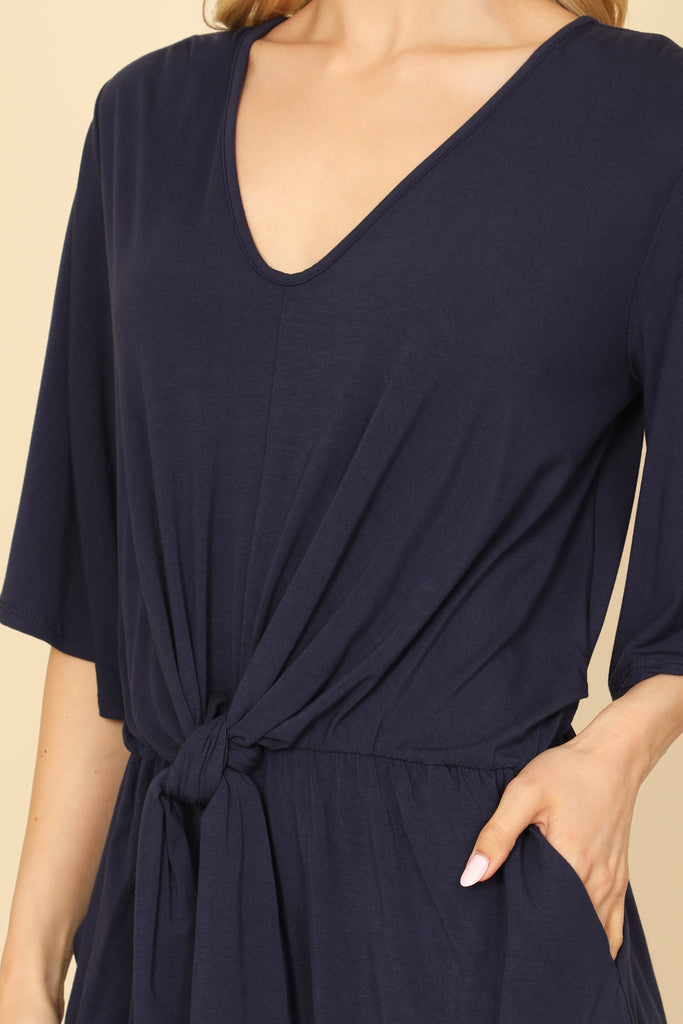 V-NECK BELL SLEEVE FRONT TIE SOLID ROMPER