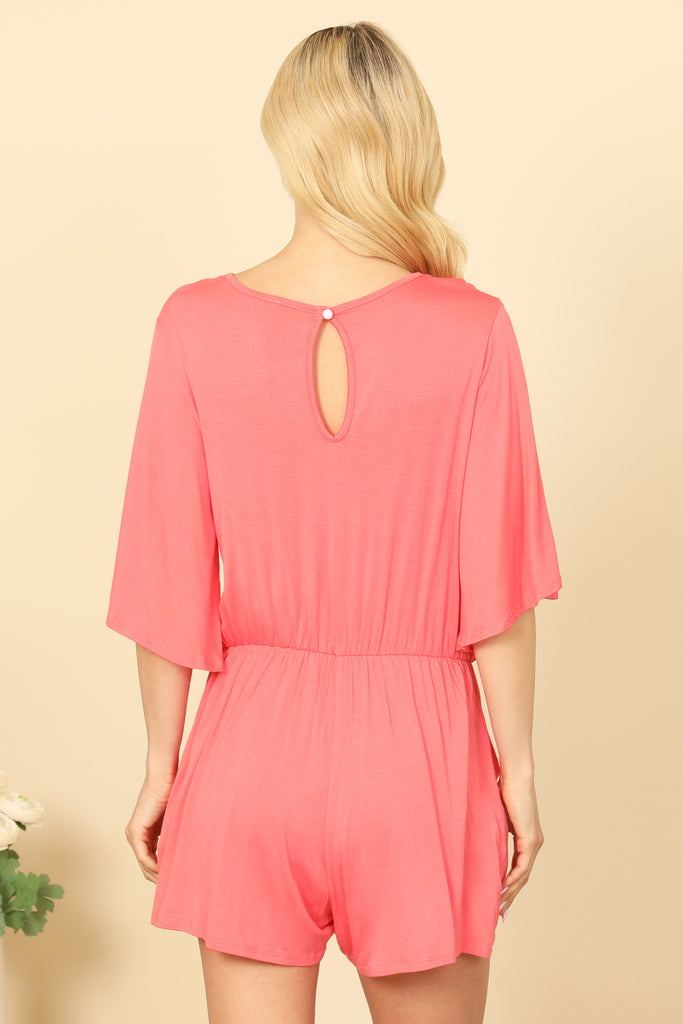 V-NECK BELL SLEEVE FRONT TIE SOLID ROMPER