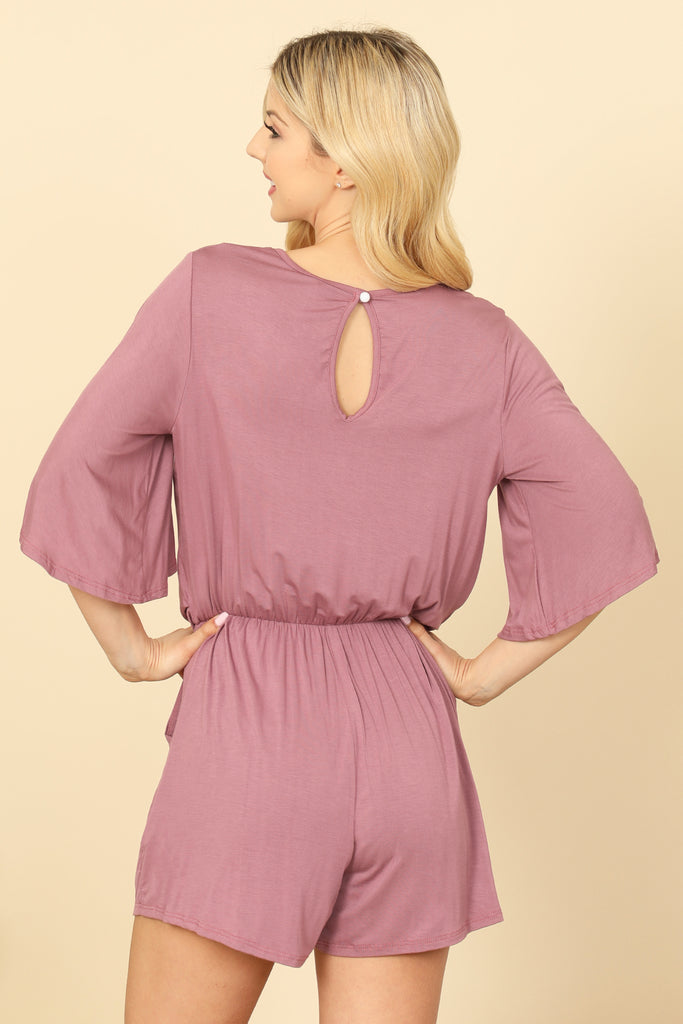 V-NECK BELL SLEEVE FRONT TIE SOLID ROMPER