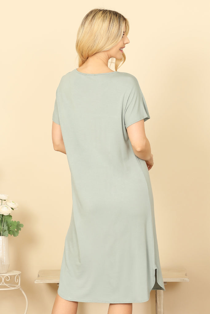 ROUND NECK SHORT SLEEVE SIDE SLIT SOLID DRESS