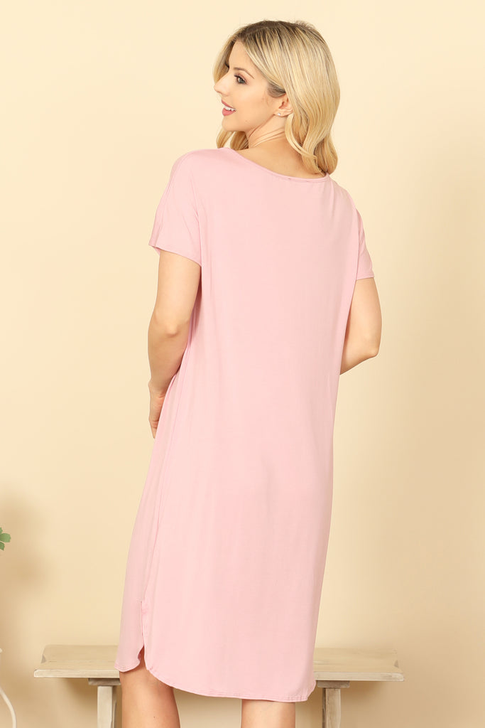 ROUND NECK SHORT SLEEVE SIDE SLIT SOLID DRESS