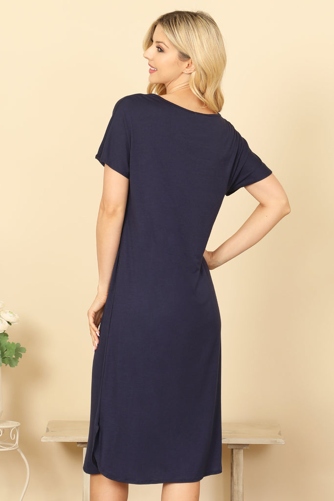 ROUND NECK SHORT SLEEVE SIDE SLIT SOLID DRESS