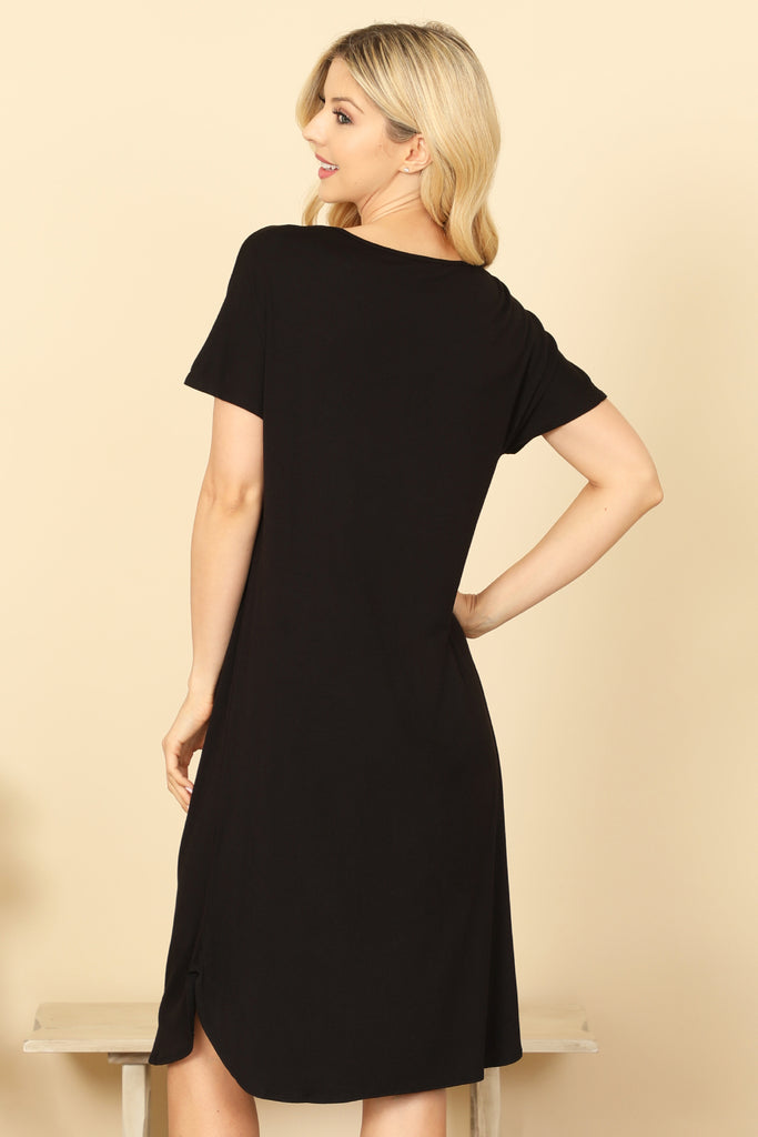 ROUND NECK SHORT SLEEVE SIDE SLIT SOLID DRESS