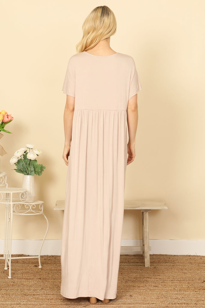 V-NECK SHORT SLEEVE PLEATED DETAIL SOLID MAXI DRESS