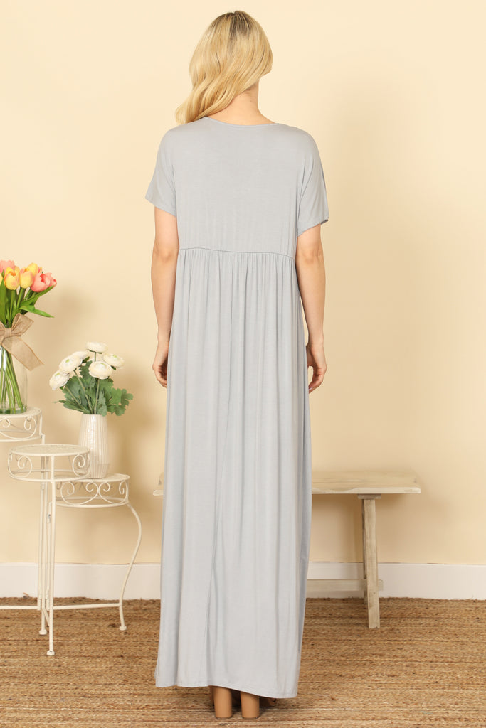 V-NECK SHORT SLEEVE PLEATED DETAIL SOLID MAXI DRESS