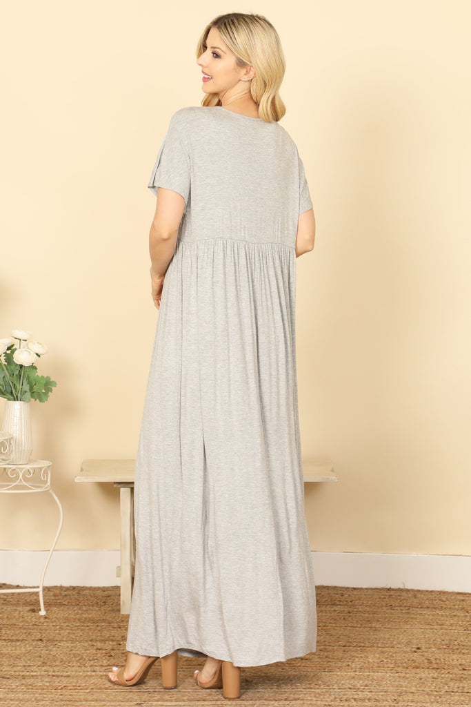 V-NECK SHORT SLEEVE PLEATED DETAIL SOLID MAXI DRESS