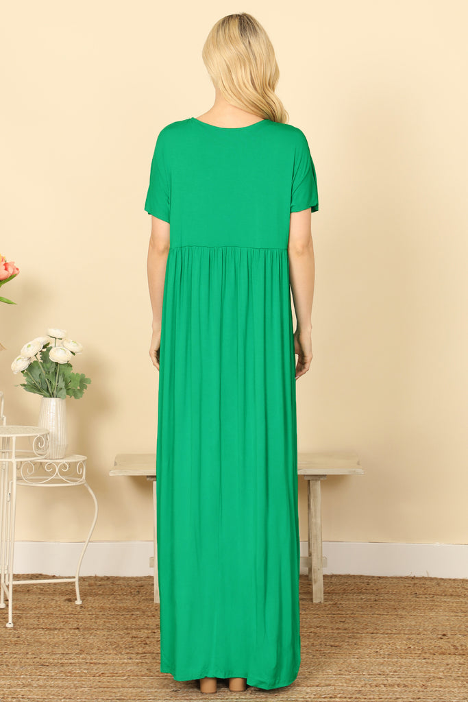 V-NECK SHORT SLEEVE PLEATED DETAIL SOLID MAXI DRESS