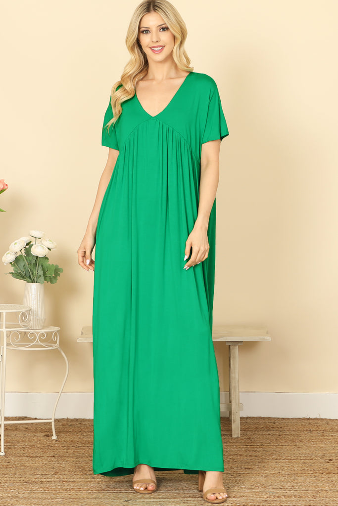 V-NECK SHORT SLEEVE PLEATED DETAIL SOLID MAXI DRESS
