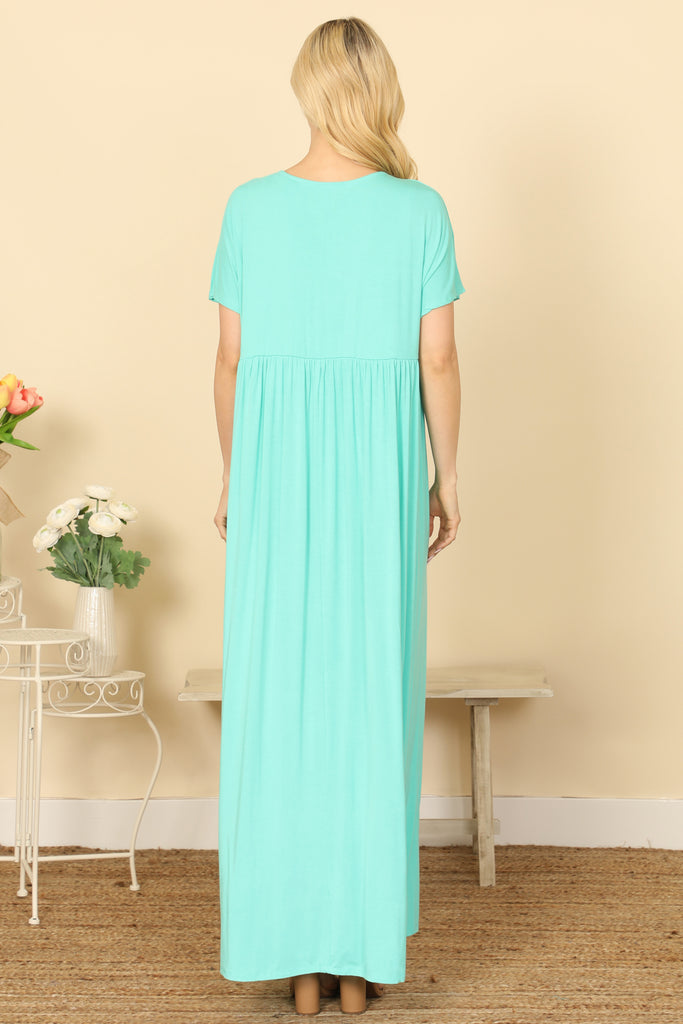 V-NECK SHORT SLEEVE PLEATED DETAIL SOLID MAXI DRESS