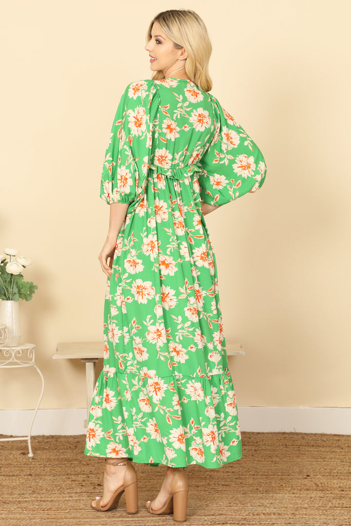 QUARTER PUFF SLEEVE V-NECK FLORAL MAXI DRESS