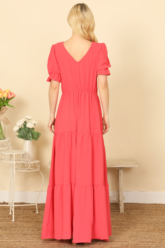 PUFF SLEEVE V-NECK TIERED SOLID MAXI DRESS
