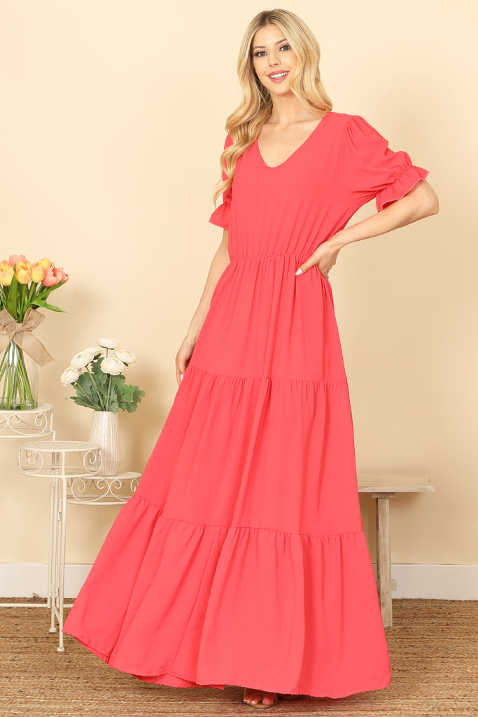 PUFF SLEEVE V-NECK TIERED SOLID MAXI DRESS