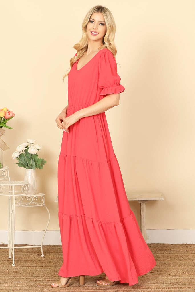 PUFF SLEEVE V-NECK TIERED SOLID MAXI DRESS