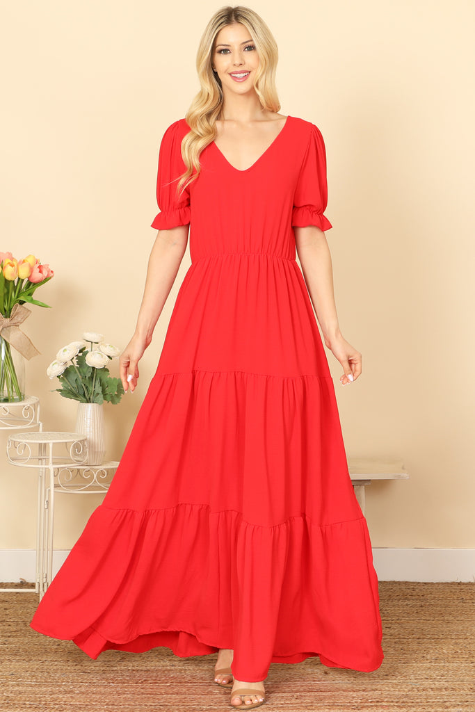 PUFF SLEEVE V-NECK TIERED SOLID MAXI DRESS