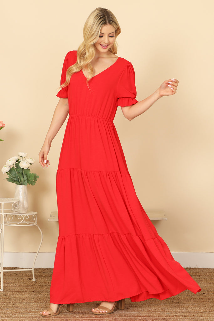 PUFF SLEEVE V-NECK TIERED SOLID MAXI DRESS