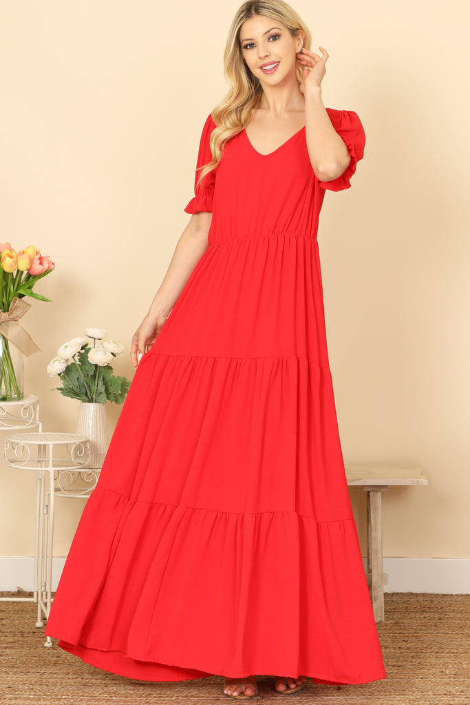 PUFF SLEEVE V-NECK TIERED SOLID MAXI DRESS