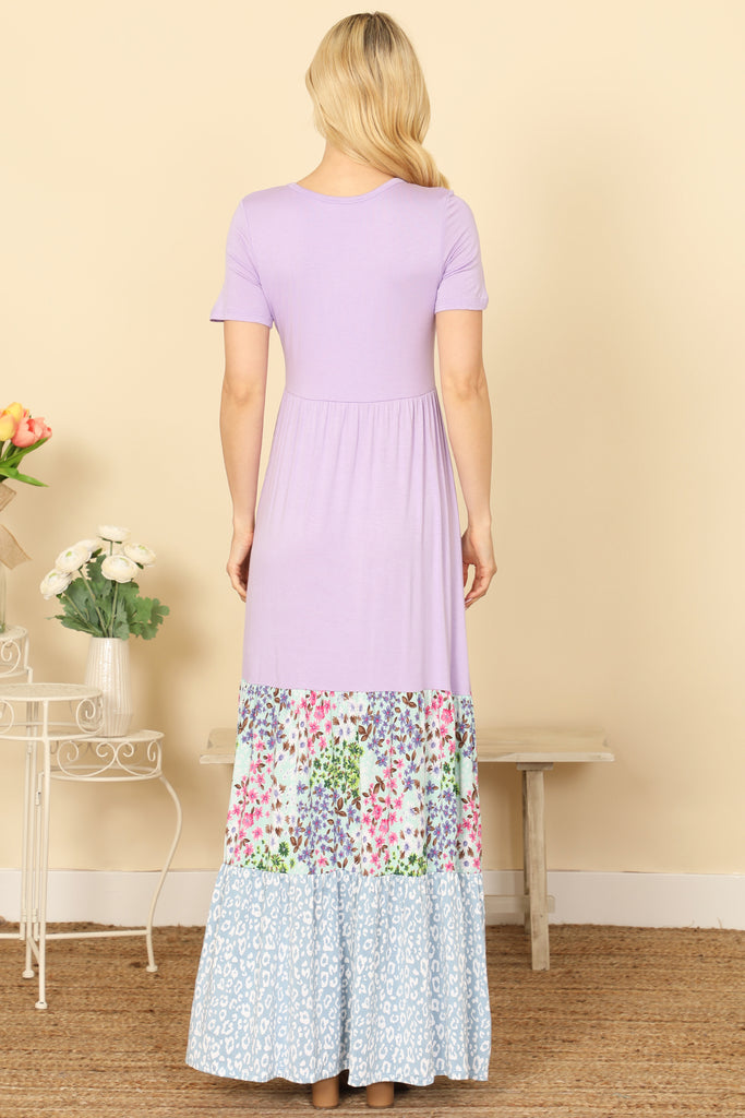 Short Sleeve Solid Color Block Floral-Leopard Hem Maxi Dress Short Sleeve Solid Color Block Floral-Leopard Hem Maxi Dress