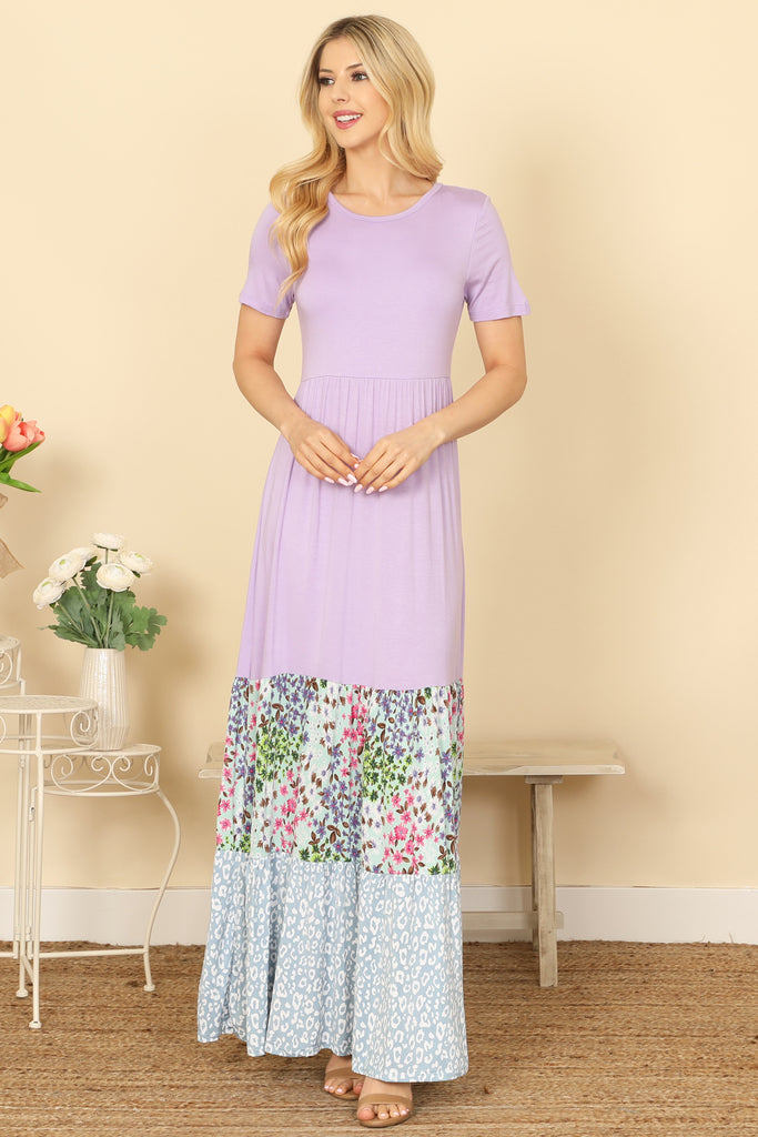 SHORT SLEEVE SOLID COLOR BLOCK FLORAL-LEOPARD HEM MAXI DRESS