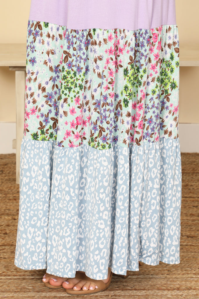 SHORT SLEEVE SOLID COLOR BLOCK FLORAL-LEOPARD HEM MAXI DRESS