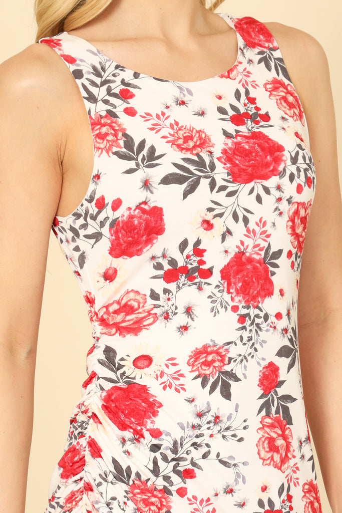 RUCHED ASSYMETRICAL HEM FLORAL TANK DRESS