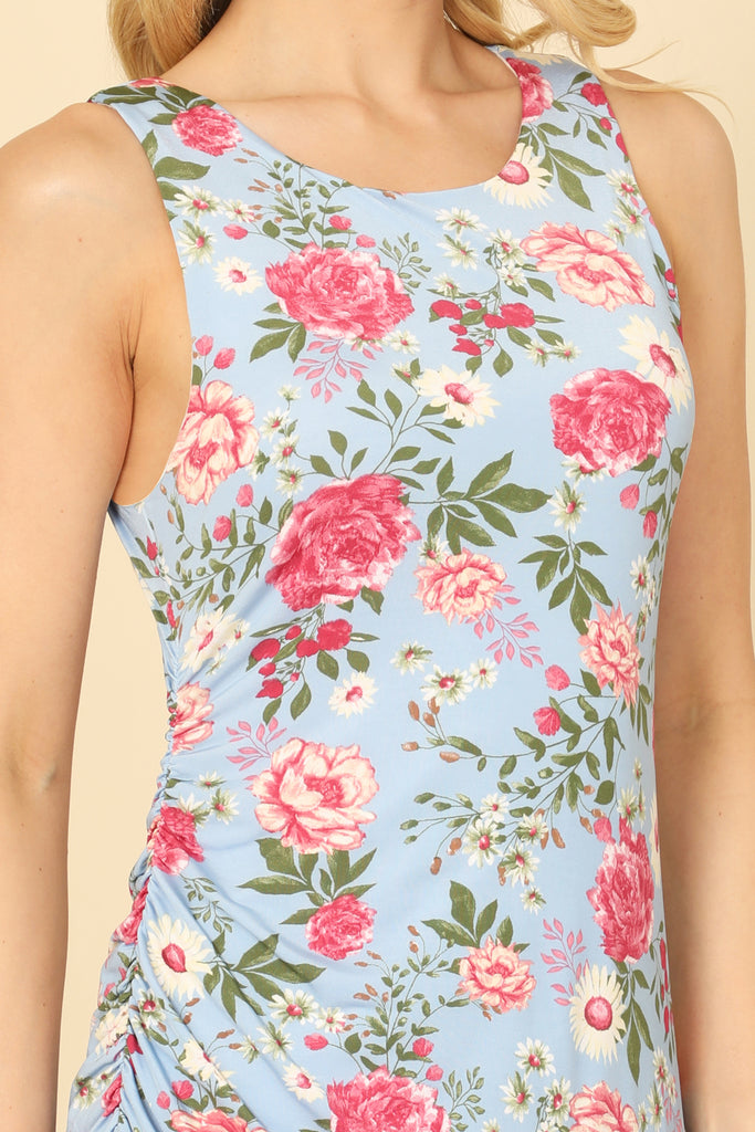 RUCHED ASSYMETRICAL HEM FLORAL TANK DRESS